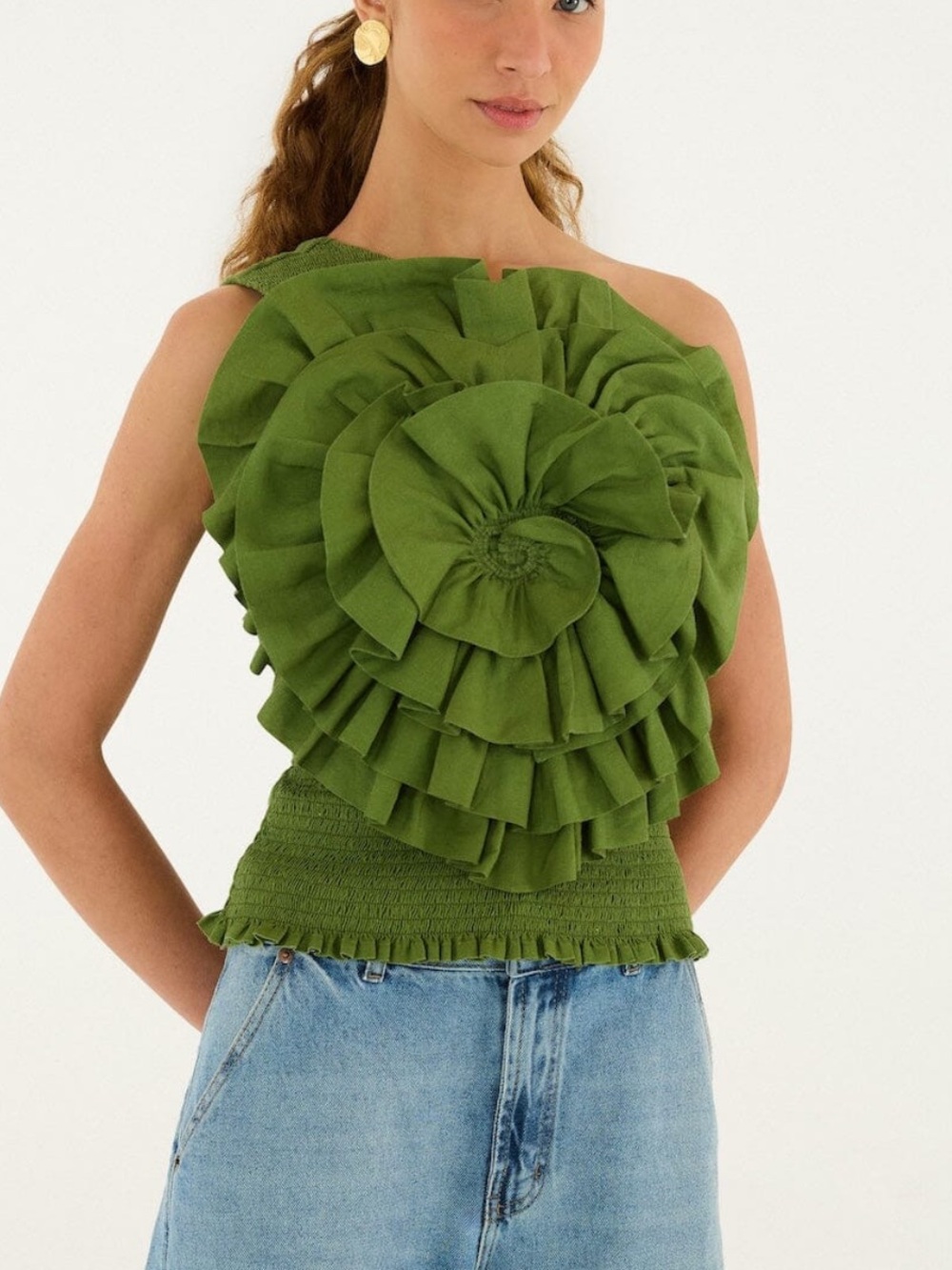 Farm RIO Green One Shoulder Blouse
